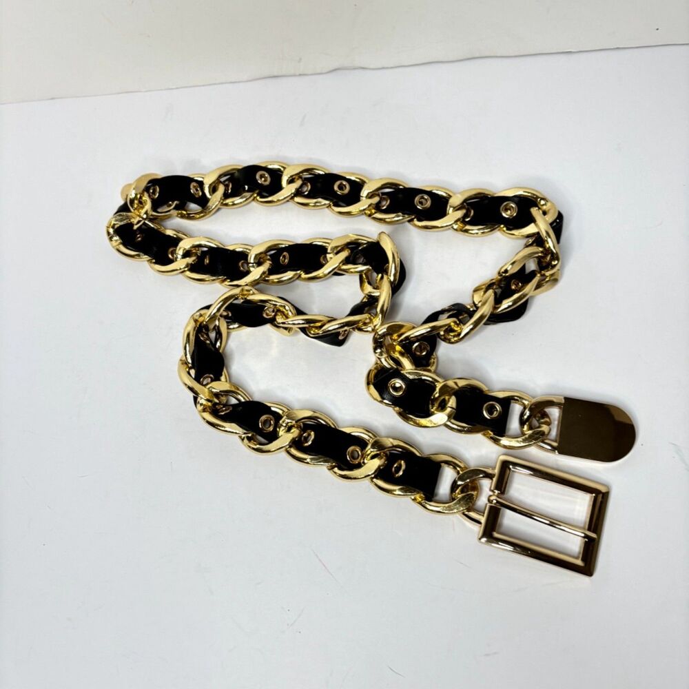 Women Black Faux Leather Gold Chain Belt Chunky Waist Hip Adjustable